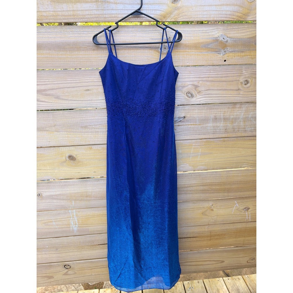 Betsy & Adam by Jaslene Royal Blue Metallic Beaded Maxi Gown Dress 8 7736